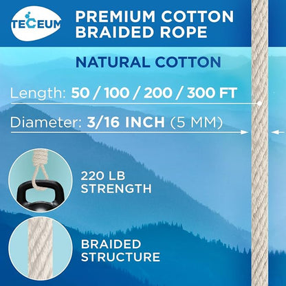 TECEUM Cotton Rope 3/16” – 200 FT – Strong All-Purpose Braided Rope – Natural - Image 2