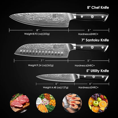 KEEMAKE Damascus Kitchen Knife Set, 67 Layers Damascus Chef Knives, Gift Box - Image 2