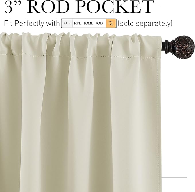 RYB HOME Beige Short Curtains Blackout, 45 inch Durable Cafe Curtains Room Darkening Window Drapes Privacy Protection for Basement Closet Kithen, W29 x L45 inch, 2 Panels