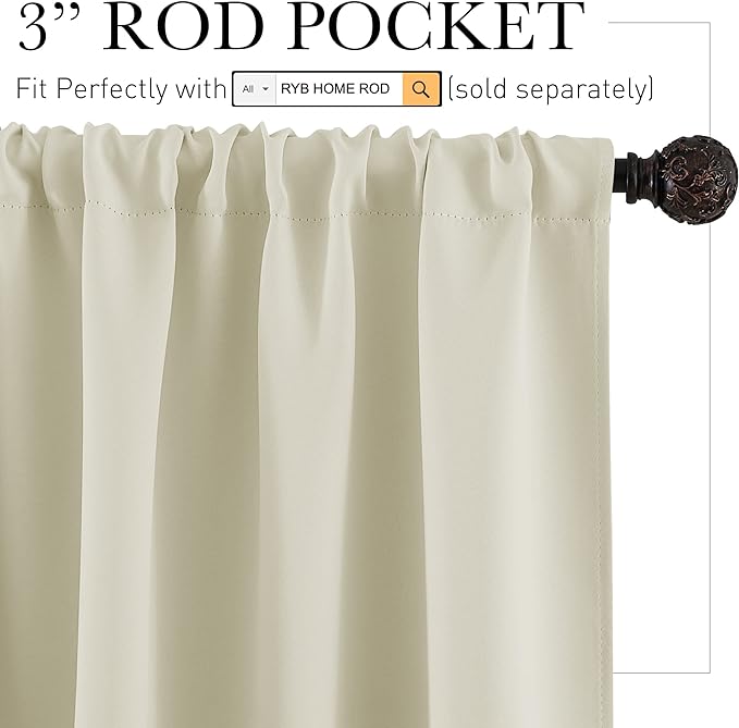 RYB HOME Beige Short Curtains Blackout, 45 inch Durable Cafe Curtains Room - Image 2