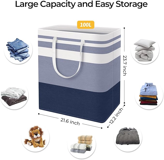 HomeHacks 2-Pack Large Laundry Basket, Waterproof, Freestanding Laundry Hamper, Collapsible Tall Clothes Hamper with Extended Handles for Clothes Toys in the Dorm and Family (Blue, 100L)