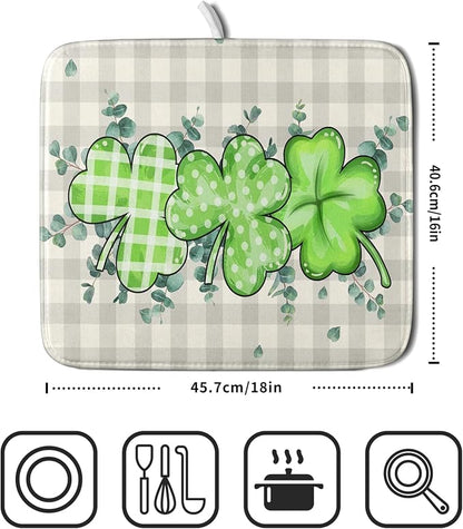 Giwawa Patrick Dish Drying Mat for Kitchen Green Clovers Grey Buffalo Plaids - Image 2
