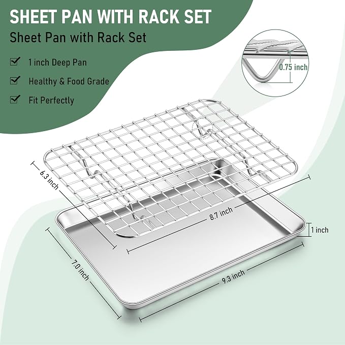 Homikit Toaster Oven Pan with Rack Set, 9 x 7 Inch Small Baking Sheet with Wire - Image 2