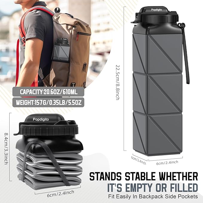 Collapsible Water Bottles 20.6oz Foldable Water Bottle BPA Free Reusable Lightweight LeakProof Travel Silicone Water Bottles for Travel Gym Hiking Camping (Upgrade Dark Grey)