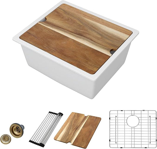 21 Inch White Granite Composite Bar Sink 21x18 Single Bowl Granite Composite Undermount Small Kitchen Sink Small Wet Bar Sinks with Workstation Quartz Natural Stone