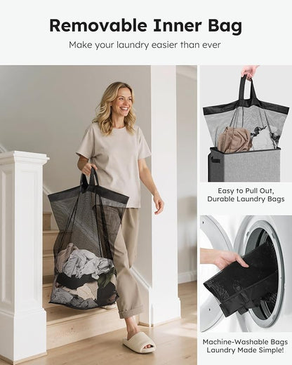 SOLEDI Laundry Hamper with Lid 90L Large & Tall Collapsible Laundry Basket, Clothes Hamper with Bag Removable Easy to Carry, Dirty Hampers for Bedroom, Bathroom, Dorm, College, Grey