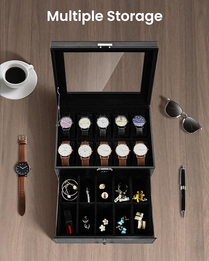 Uten 20-Slot Watch Box, 2-Layers PU Leather Watch Case with Glass Lid, Watch Holder Organizer with Soft Pillow and Velvet Lining, Watch and Jewelry Storage Box, Black
