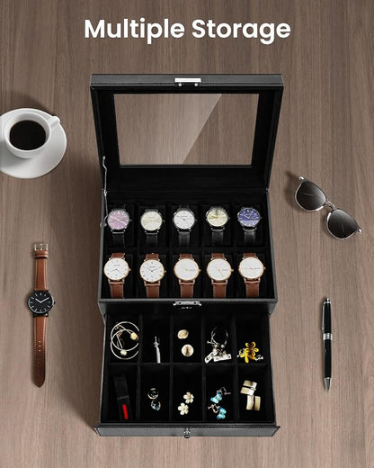 Uten 20-Slot Watch Box, 2-Layers PU Leather Watch Case with Glass Lid, Watch Holder Organizer with Soft Pillow and Velvet Lining, Watch and Jewelry Storage Box, Black