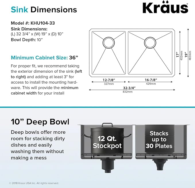 KRAUS Standart Pro 33 -inch Undermount 60/40 Double Bowl 16 Gauge Stainless Steel Kitchen Sink, KHU104-33