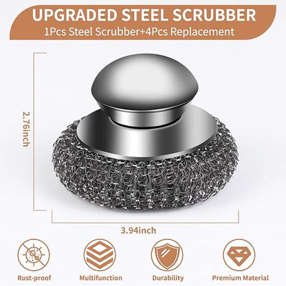 5Pcs Steel Wool Scrubber with Replacement Wire Sponge Pads Set, Stainless Steel - Image 3
