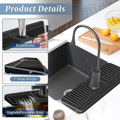 PoYang 14.6 inch Faucet Mat for Kitchen Sink Splash Guard, 7° Slope Silicone - Image 8