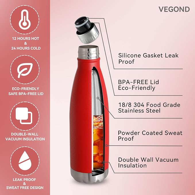 VEGOND 17oz Stainless Steel Water Bottles Bulk, Reusable Metal Sports Water - Image 2