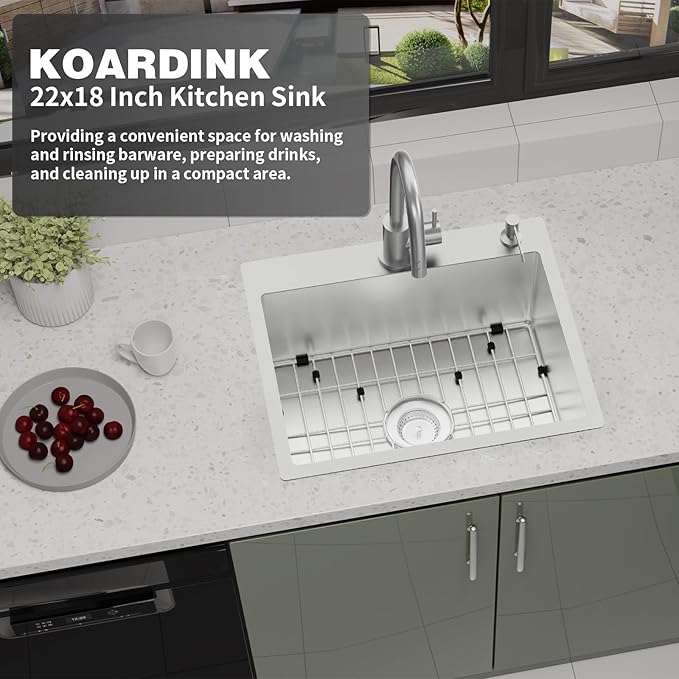 Stainless Steel Drop In Kitchen And Bar Sink - 22x18 Inch Single Bowl Topmount Bar Sink Come With SS Grid,Silicon Mat,Drain Strainer Set