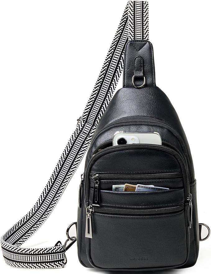 Sling Bag for Women Cross Body Bags Fanny Packs Shoulder Bag Sling Backpack Vegan Leather Trendy Travel Purses Black