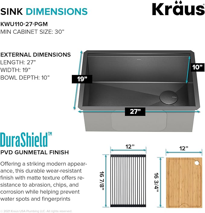 KRAUS Kore Workstation 27-inch Undermount 16 Gauge Black Stainless Kitchen Sink, Single Bowl Kitchen Sink in PVD Gunmetal Finish with Accessories, KWU110-27-PGM