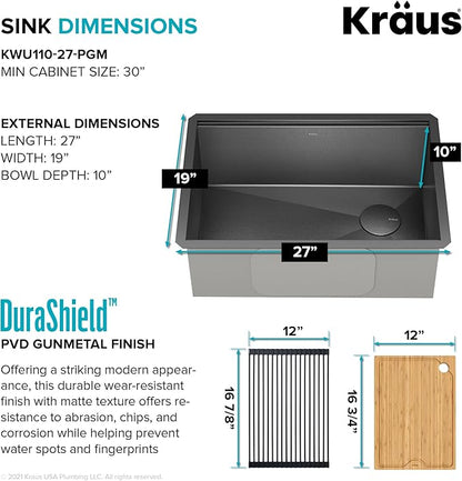 KRAUS Kore Workstation 27-inch Undermount 16 Gauge Black Stainless Kitchen Sink, Single Bowl Kitchen Sink in PVD Gunmetal Finish with Accessories, KWU110-27-PGM