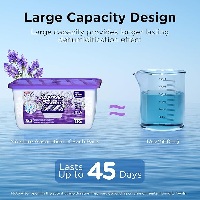 W&E Choice Moisture Absorbers with Lavender Scent, Portable Dehumidifier for Closet & Bathrooms, Kitchen, Humidity Absorber Odor Eliminator Absorber, 12Pack