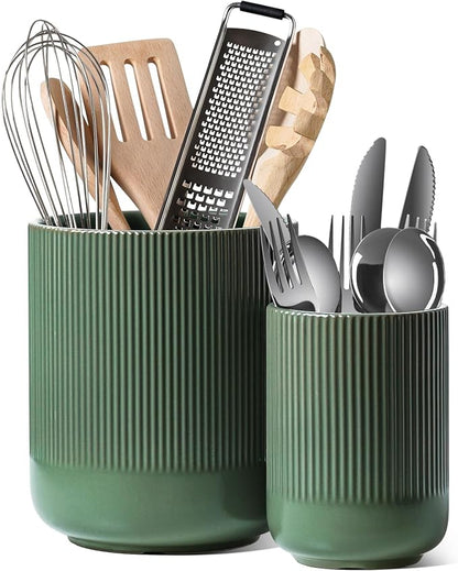 LE TAUCI Utensil Holder for Kitchen Counter, 7.3"+5.4" Fluted Ceramic Utensil by LETAUCI