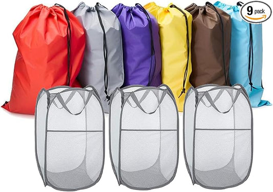 Pop Up Hampers 3 Pack with Extra Large Laundry Bags 6 Pack, Varied Colors Travel Laundry Bags 30"x40", Foldable Mesh Laundry Basket, for college dorm and apartment dwellers (9PCS)
