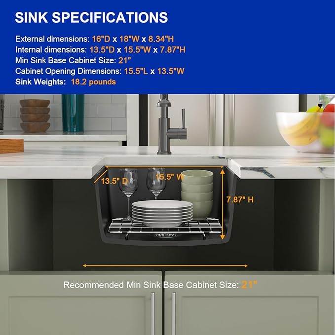 Dcolora 18 Inch Quartz Composite Black Wet Bar Sink Undermount Small Prep Granite Composite Kitchen Sink RV Single Bowl Under Counter, 18"x 16", DC-GU7746