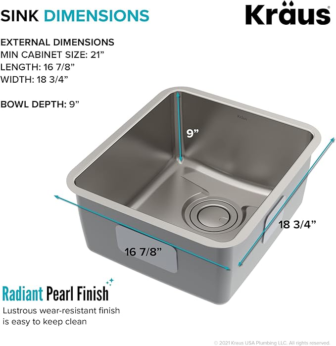 KRAUS Dex 17-Inch Undermount Single Bowl TRU16 Gauge Stainless Steel Kitchen Bar Sink with DrainAssure WaterWay and VersiDrain Assembly in Radiant Pearl Finish, KD1US17B