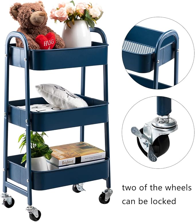 AGTEK Makeup Cart, Movable Rolling Organizer Cart, 3 Tier Metal Utility Cart,Navy Blue