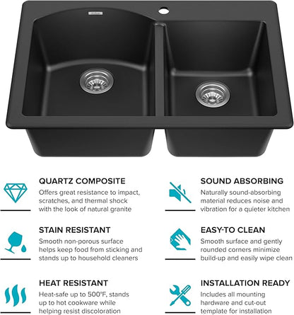 KRAUS Forteza 33-inch Drop In/Undermount 60/40 Double Bowl Granite Kitchen Sink in Black, KGD-50BLACK