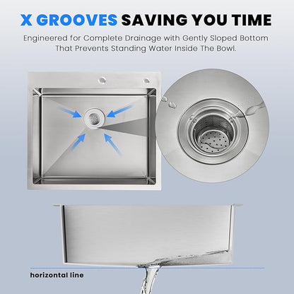 POPFLY 25×22 Inch Drop in Kitchen Sink, Top mount Stainless Steel Single Bowl Sink, 18 Gauge Hand-made Overmount 9 Inch Deep Sink, Brushed