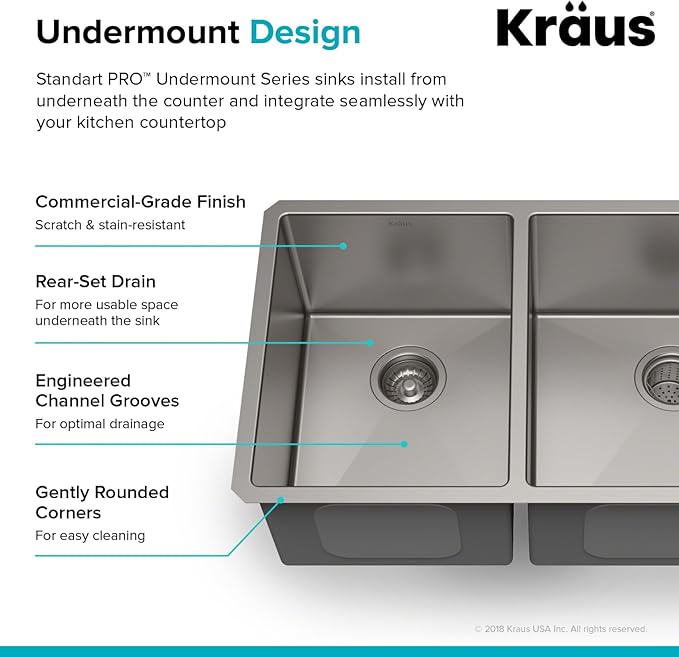 KRAUS Standart Pro 33 -inch Undermount 60/40 Double Bowl 16 Gauge Stainless Steel Kitchen Sink, KHU104-33