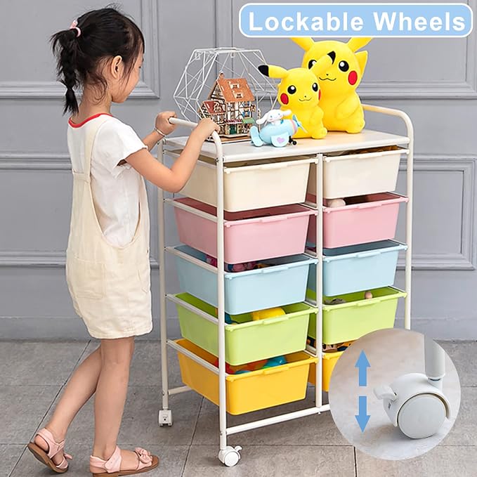 Rolling Cart with 10 Drawers, Plastic Drawer Cart with Metal Frame, Utility - Image 4