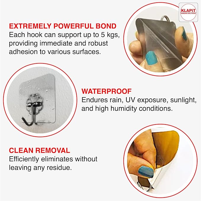 KLAPiT Super Hook - Heavy-Duty Adhesive Wall Hooks, Holds Up to 11 lbs, Waterproof, No Damage, Easy Install on Tile, Wood, Stone, Glass & Metal - Made of Steel (Clear, 24pc)