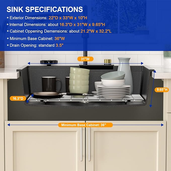 Dcolora Waterfall Smart Kitchen Sink 33x22 Drop In Single Bowl Multifunctional Kitchen Sinks With Faucet And Cup Washer,33 Inch Granite Composite (Black) DC-SFDOE00002