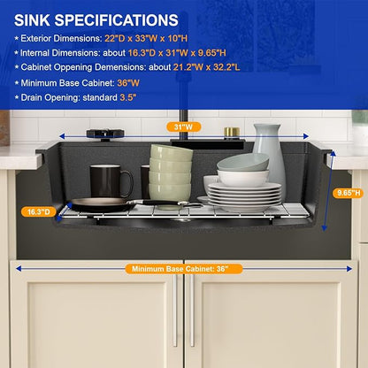 Dcolora Waterfall Smart Kitchen Sink 33x22 Drop In Single Bowl Multifunctional Kitchen Sinks With Faucet And Cup Washer,33 Inch Granite Composite (Black) DC-SFDOE00002