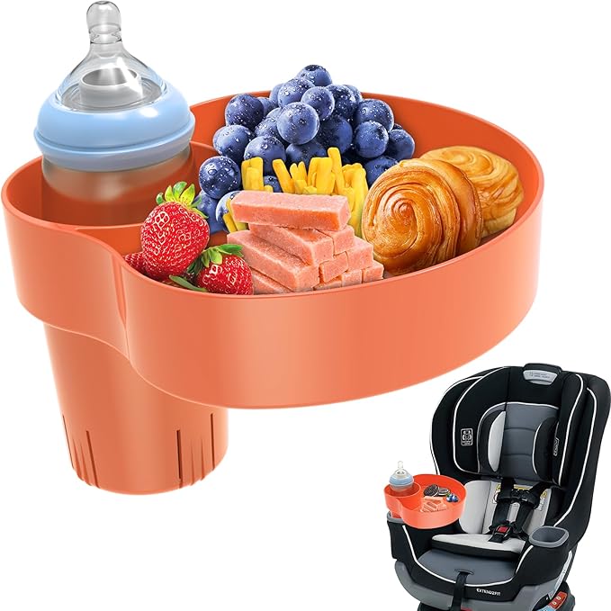 Kids Car Seat Tray, Travel Tray with Cup Holder for Toddler Baby, Kids Car Seat Food Snack Organizer for Road Trip, Stroller snack Organizer Travel Must Haves Toddler Must Haves (Orange)