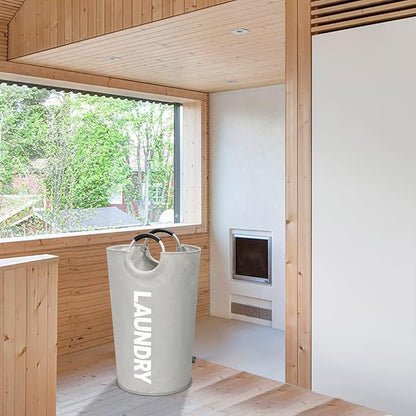 DOKEHOM 90L Large Laundry Basket, Collapsible Laundry Bag, Freestanding Tall Clothes Hamper, Foldable Washing Bin (Grey)