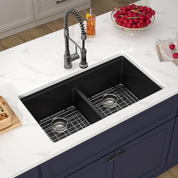 33 Inch Black Undermount Granite Composite Kitchen Sink Under Counter Quartz Single Bowl Sink Workstation Sinks with Accessories Quick Drain Noise Reduction Home Renovation Classic Style