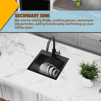Small Black Kitchen Sink,15x15 Inch Stainless Steel Drop In Topmount Kitchen And Bar Sink Ideal Choice For For Small Space, Prep Area, RV With Bottom Grid,Soap Mat And Drain Assembly