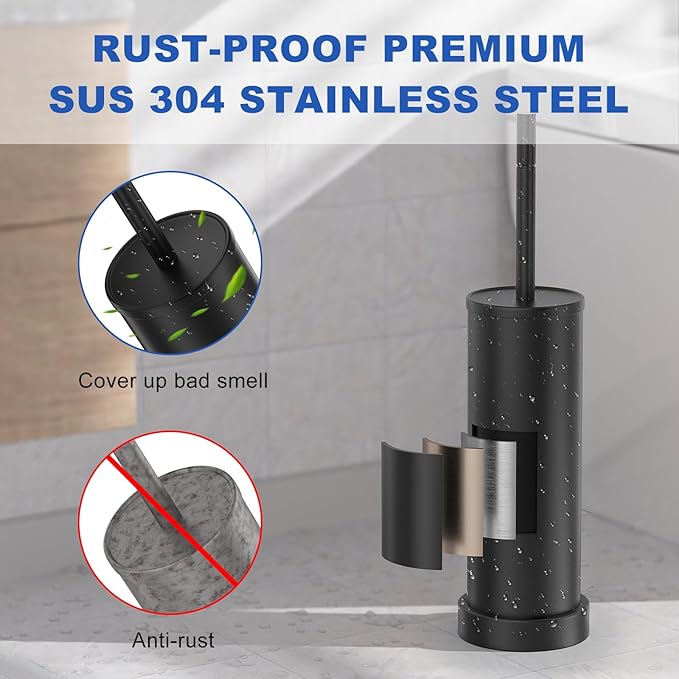 Black Toilet Brush and Holder Set, 304 Stainless Steel Heavy Duty Toilet Bowl Brush and Holder with Long Handle, Removable Inner Bowl and Splash Protection Modern Toilet Cleaner Brush for Bathroom