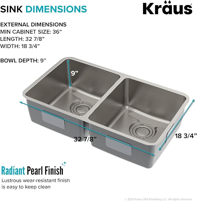 KRAUS Dex 33-Inch Undermount 50/50 Double Bowl TRU16 Gauge Stainless Steel Kitchen Sink with DrainAssure WaterWay and VersiDrain Assembly in Radiant Pearl Finish, KD1UD33B