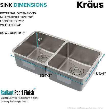 KRAUS Dex 33-Inch Undermount 50/50 Double Bowl TRU16 Gauge Stainless Steel Kitchen Sink with DrainAssure WaterWay and VersiDrain Assembly in Radiant Pearl Finish, KD1UD33B