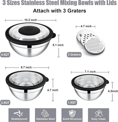 E-far Mixing Bowls with Lids and Graters, Stainless Steel Salad Mixing Bowl - Image 5