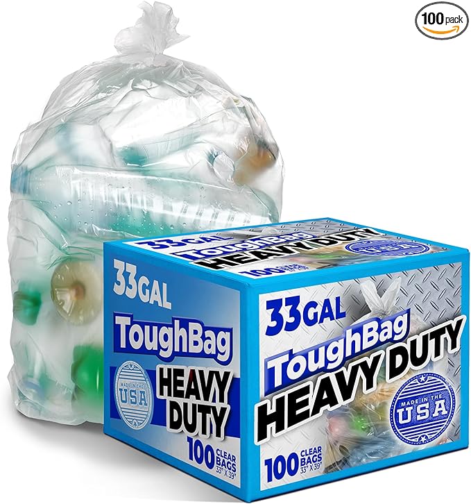 ToughBag 30-33 Gallon Clear Trash Bags (100 Count) Recycling Bag, Garbage Can Liners – Clear Trash Bags 30+ Gallon - Made In USA