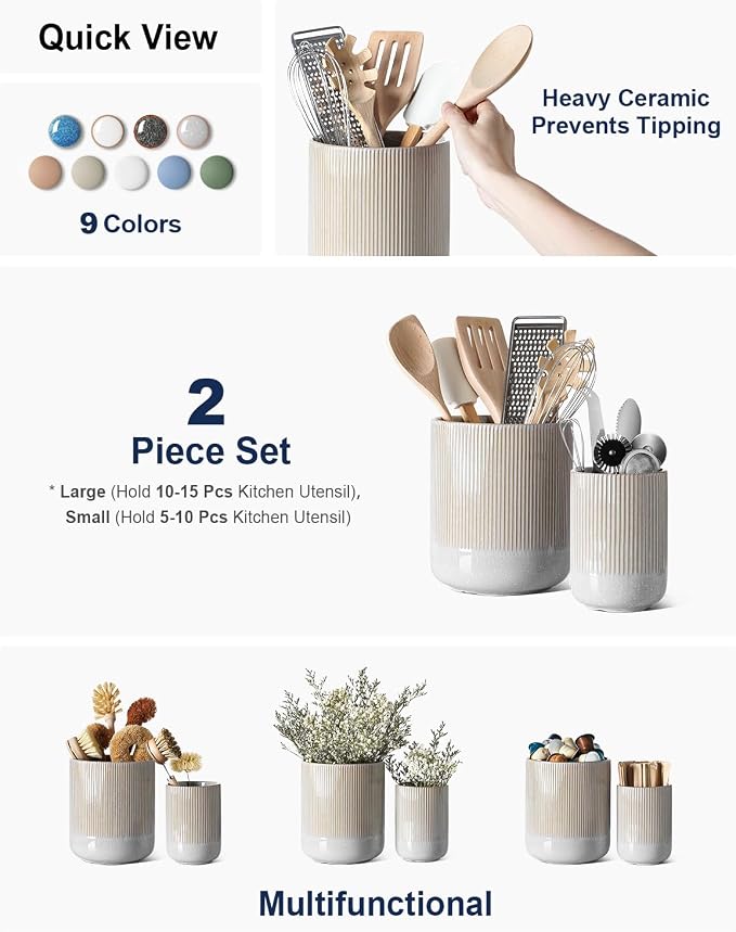 LE TAUCI Utensil Holder for Kitchen Counter, 7.3"+5.4" Fluted Ceramic Utensil - Image 2