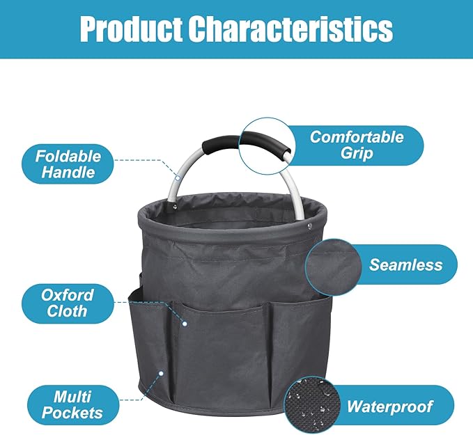 Qivine 17L Cleaning Caddy with Handle, Cleaning Supply Caddy Foldable Tool Bag Cleaning Products Organizers Portable Cleaning Bucket Organiser for Storing Towels (Dark Gray)