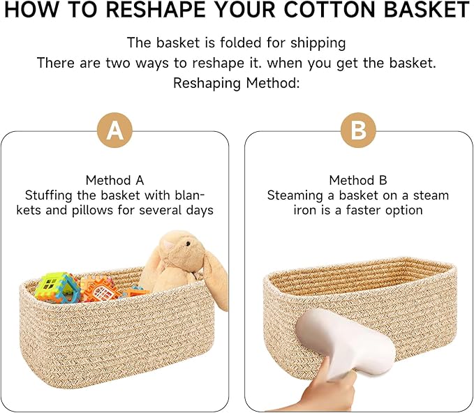 Small Storage Baskets for Organizing | Closet Organizer Bins | Shelf Toy Basket | Woven Rope Baskets | Cube Decorative Box | Shallow Basket | 13x8.5x5.1” | 4 Packs Light Pink