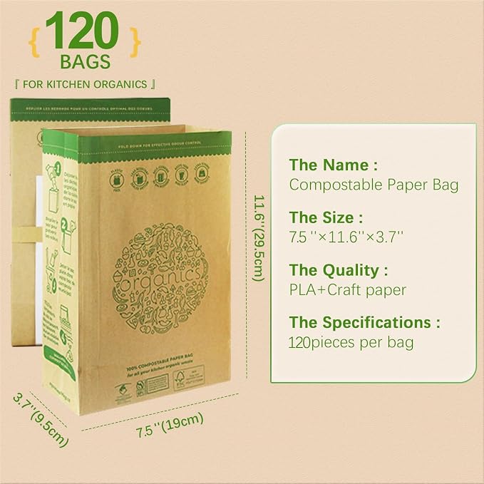 HYTREND-Kitchen Food Waste Bag-120 Bags-%100 Compostable paper Bag - Image 2