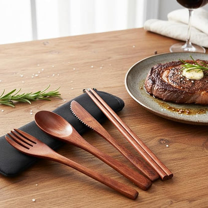 4 PCS Portable Wooden Travel Utensils, Reusable Wooden Cutlery Set - Image 2