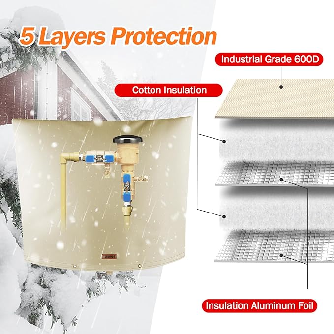 Backflow Preventer Pipe Insulation Cover (5°F) - Irrigation Sprinkler Valve Insulated Pouch - Water Well Pump Cover - Sturdy 5 Layers for Winter Freeze Protection, 22" W x 20" H, Beige