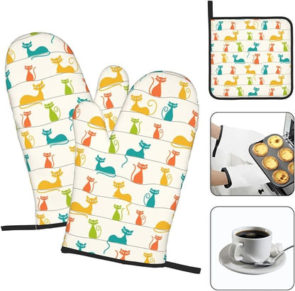 Mid Century Modern Cats Oven Mitts and Pot Holders Set Heat Resistant Cute Oven - Image 3