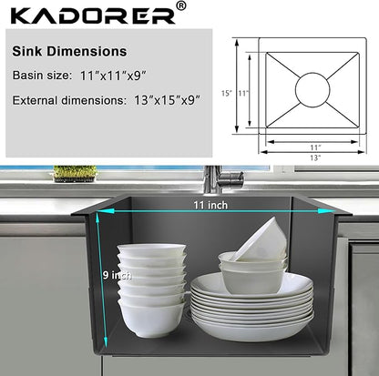 13 x 15 Inch Black Drop In Small Kitchen Sink, Single Bowl Topmount Bar Prep Sink - 18 Gauge Stainless Steel with Basket Strainer